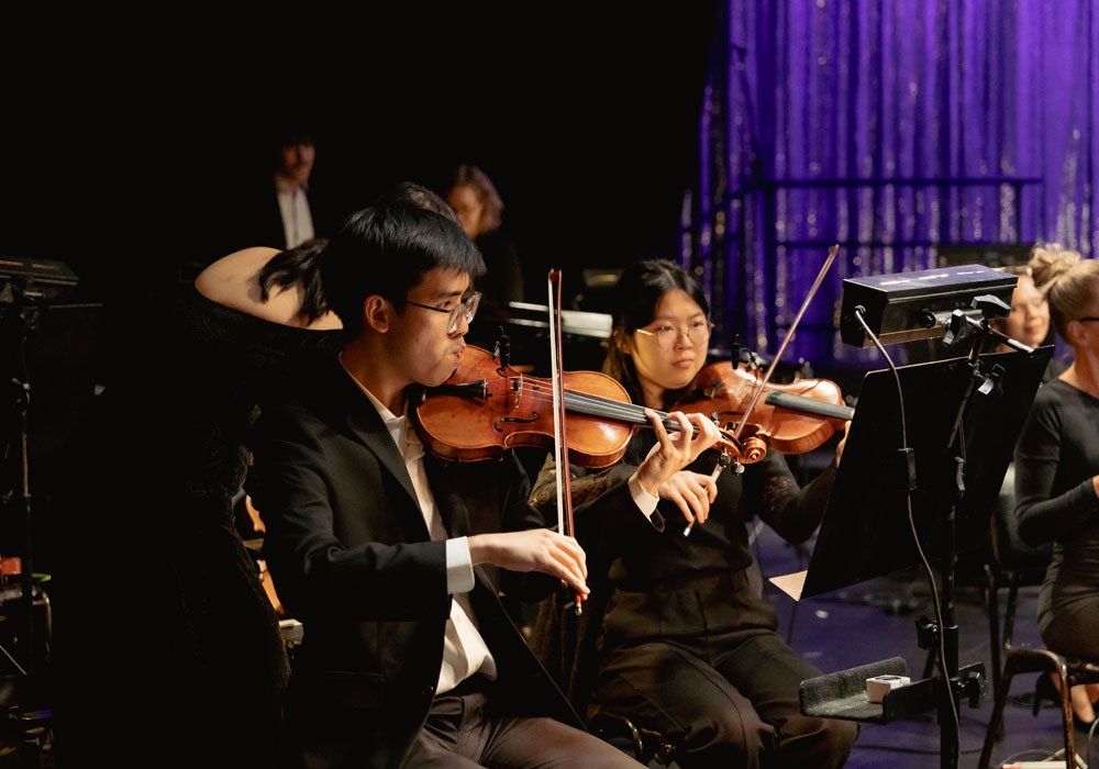 Theatrical Symphony orchestra performing on stage under warm lighting.